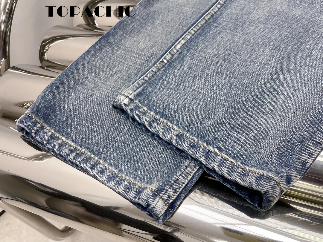 7.7 TOPACHIC Women Fashion Streetwear Washed Cotton Denim High Waist All-matches Straight Jeans