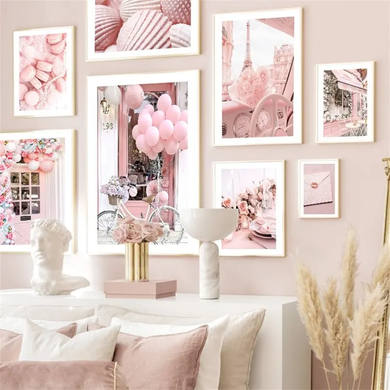 Parisian Chic Wall Art  Pink Floral Balloon Fashion Tower Street Car Canvas Print for Living Room Decor