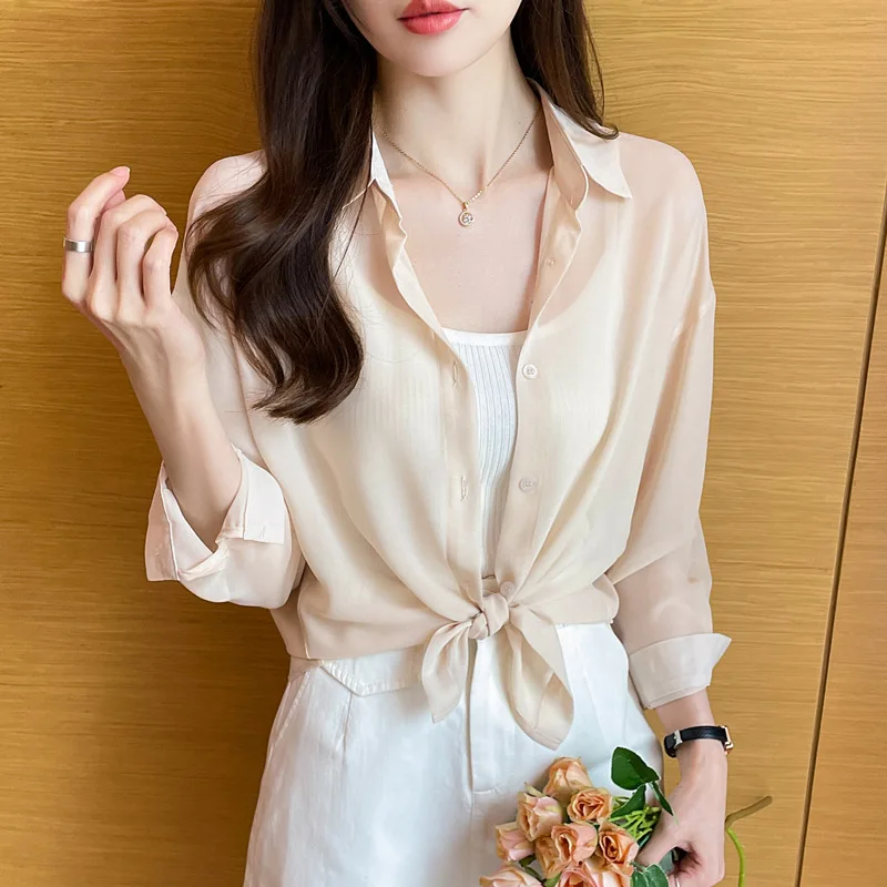 Women's Shirts Chiffon Turn-down Collar Long Sleeve Solid Color Blouse Thin Loose Casual Fashion Versatile 2024 Summer