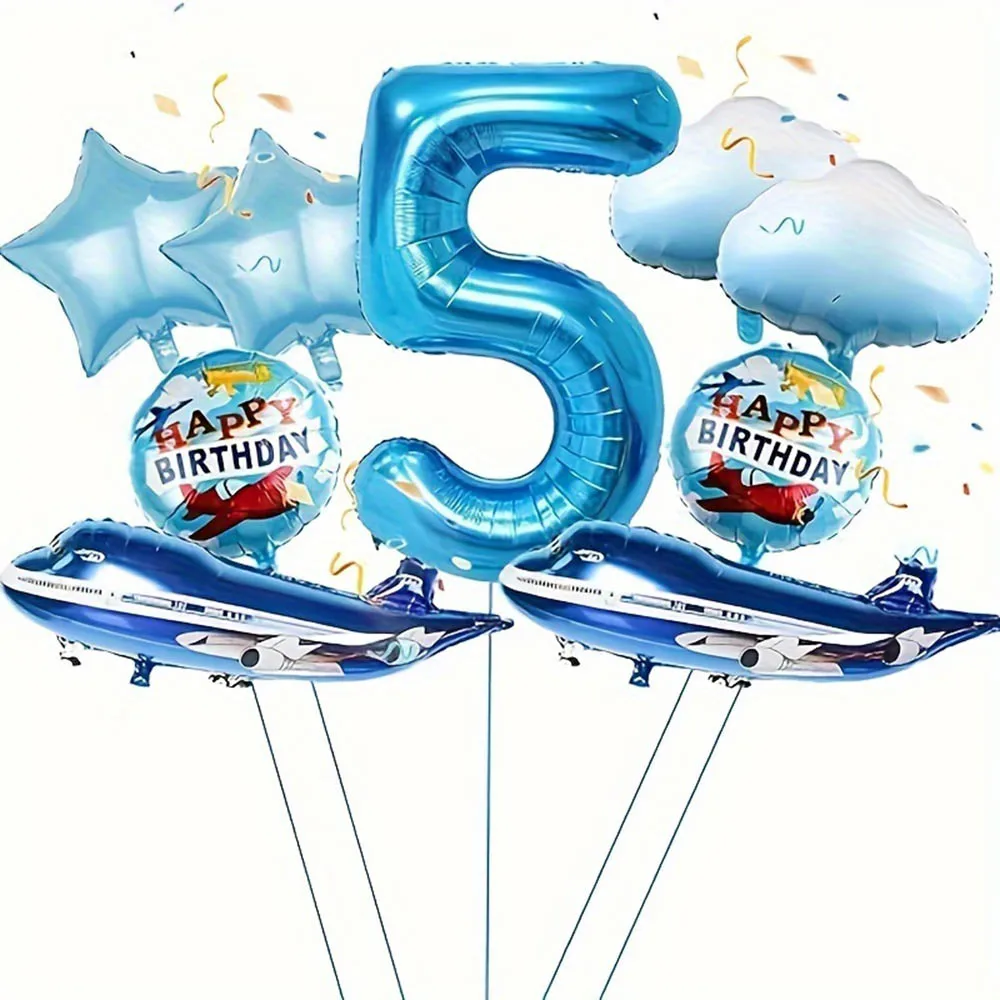 9pcs Airplane Balloon with 32 inch Blue digital 1-9 Number Foil Balloon Kids Pilot Theme Boys Aircraft Birthday Party Decoration - Image 5