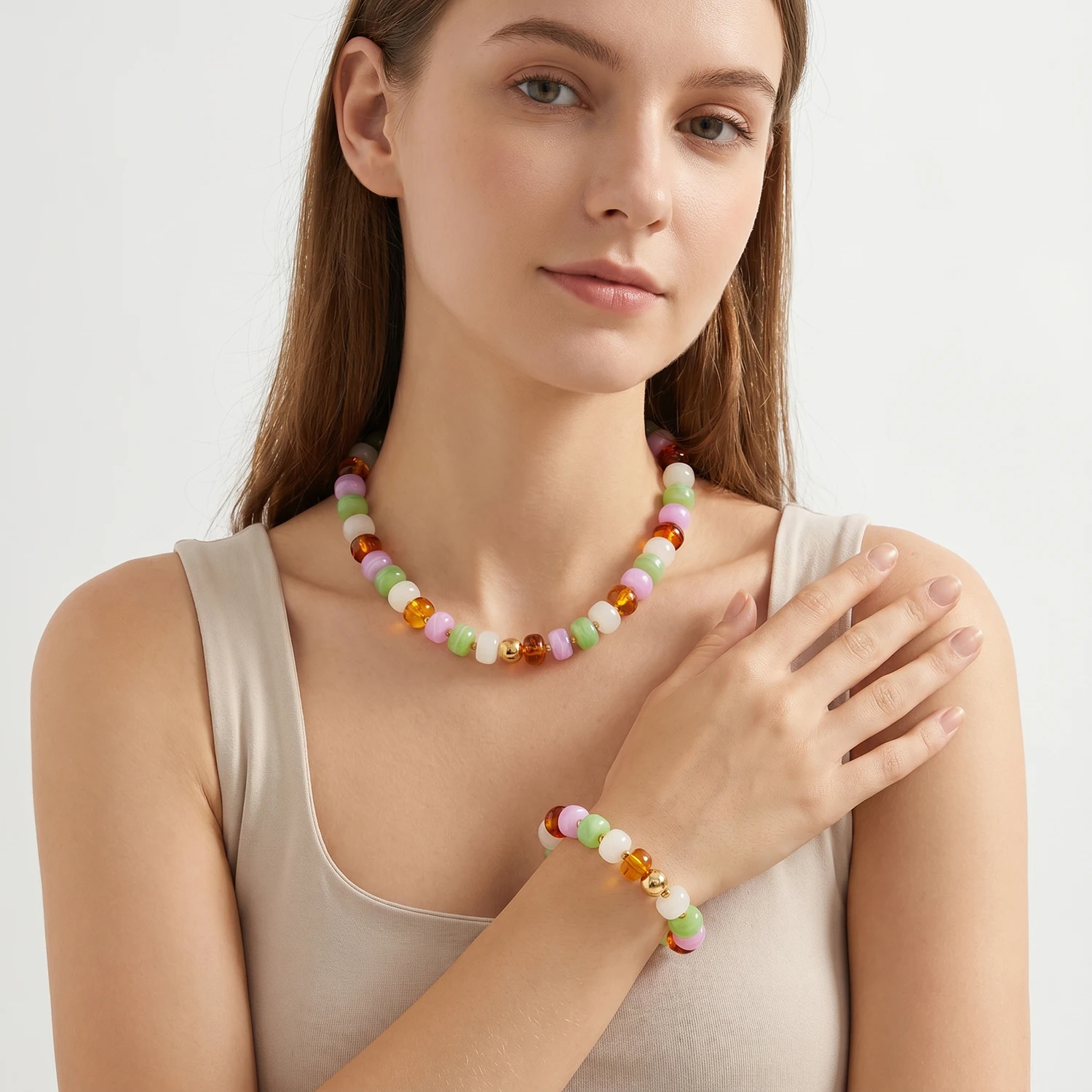 Colorful Acrylic Necklace and Bracelet Set for Women, Stainless Steel Statement Party Jewelry, Spring Summer Vibrant Accessories