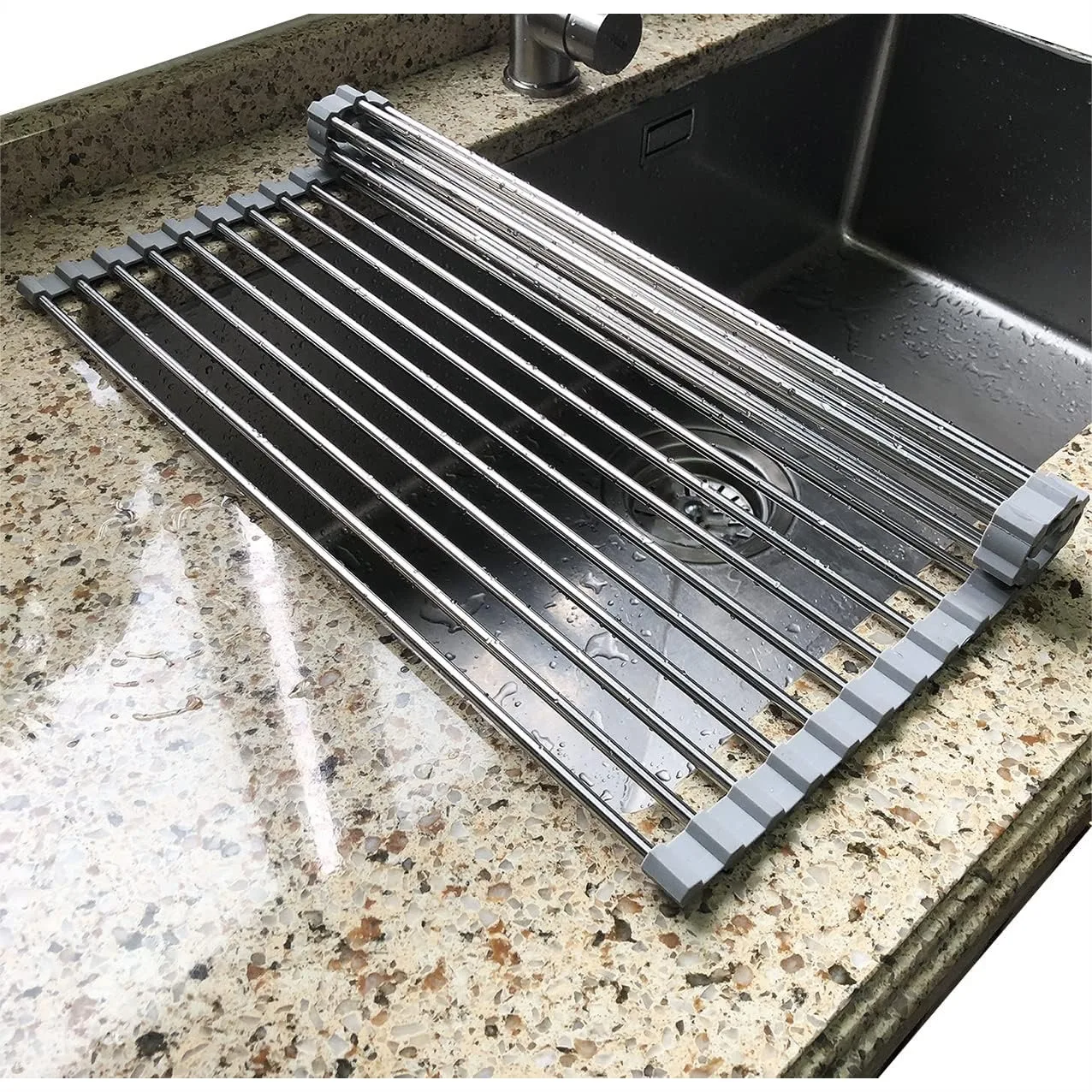 

Roll Up Dish Drying Rack, Over the Sink Stainless Steel Drying Rack with Heat Safe Silicone Edges, Foldable Kitchen Drainer for