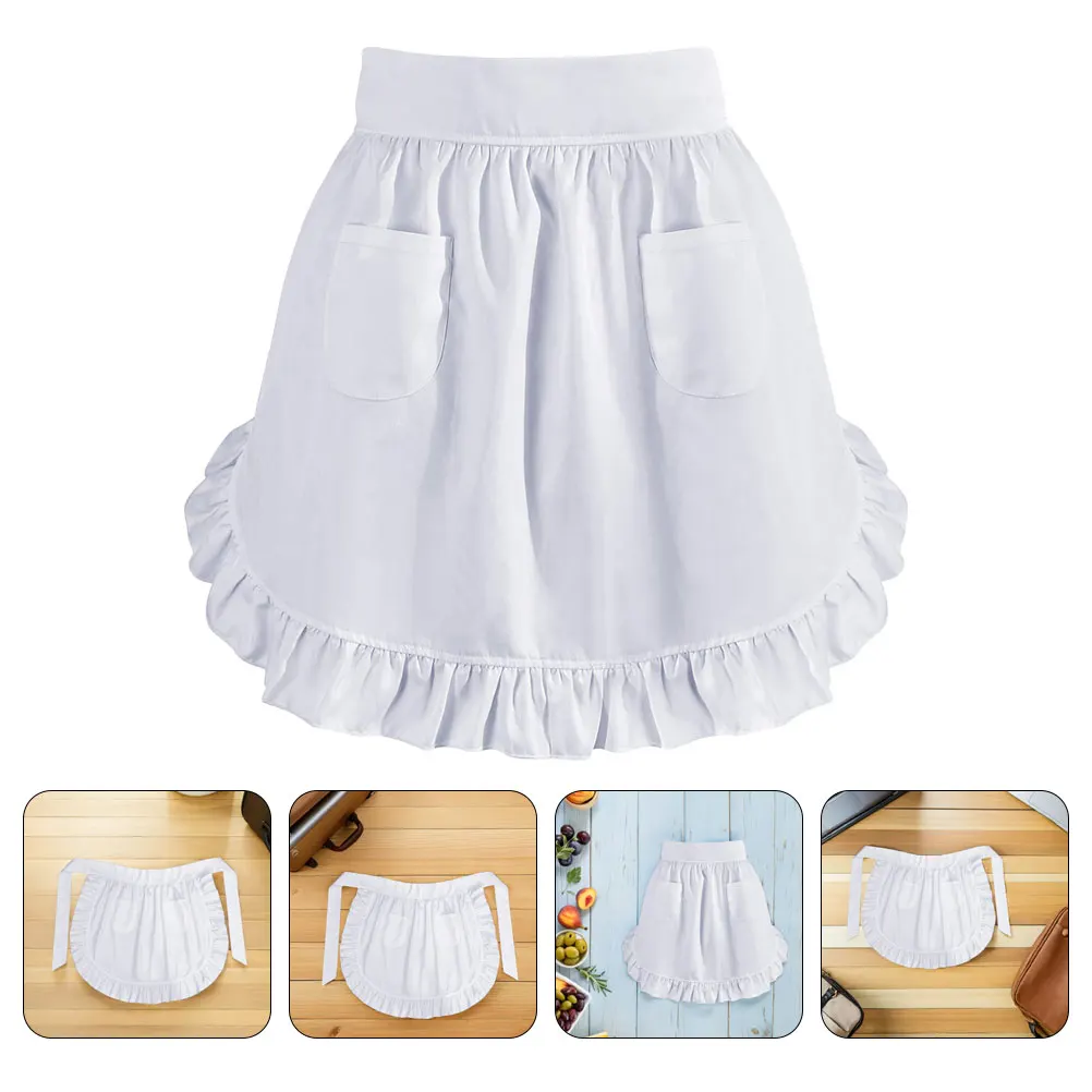 

European Maid Apron White Half Waist Cooking Apron With Pockets Ruffled Kitchen Baking Grill Server Bartender Restaurant