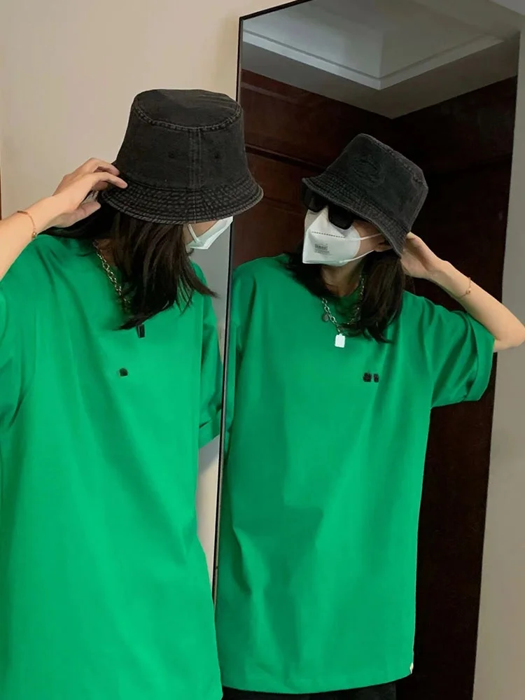 Plus Size Chic Green Short Sleeve T-Shirt Women\'s Loose Printed Summer Top Couple\'s Matching Hong Kong Style Korean Basic Design