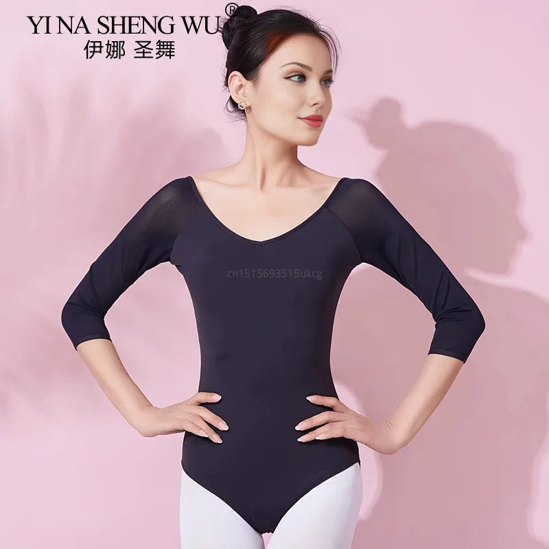 Adult Gymnastics Leotard Black Mesh Three Quarter Sleeve Ballet Leotards for Women Dance Wear Can Insert Pad