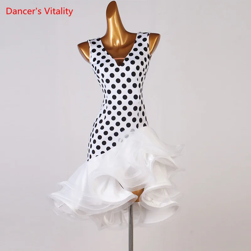 Latin Dance Dress V-Neck Wave Point Skirt Profession Custom Female Adult Child Elegant Performance Clothes Competition Clothing