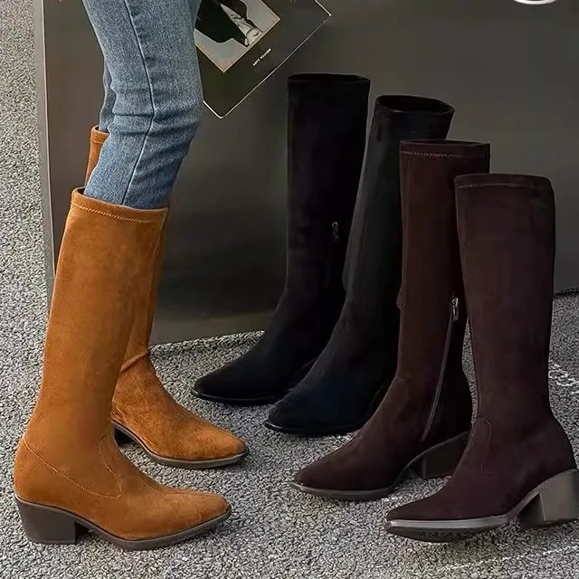 

American Style High-Top Genuine Leather Cowboy Boots Women's Vintage Long Boots Knight Boots Thickened Rubber Outsole round Toe