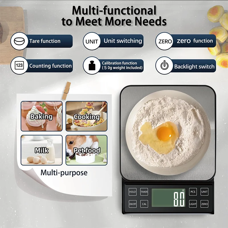 Digital High Precision Kitchen Scale 3/5/10kg 0.1g Household Waterproof Balance for Food Weighing with 50g Weights and Scale Pan