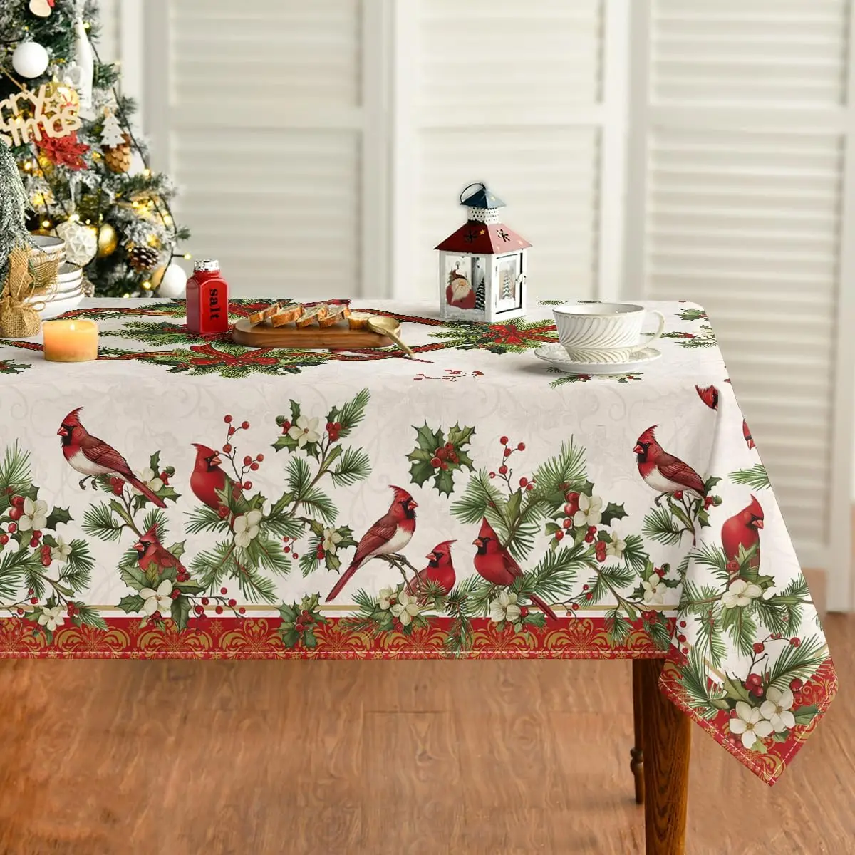 Christmas Cardinal Bird Pine Cone Waterproof Tablecloth Table Decor Winter Xmas Kitchen Dining Tablecloth Christmas Decorations