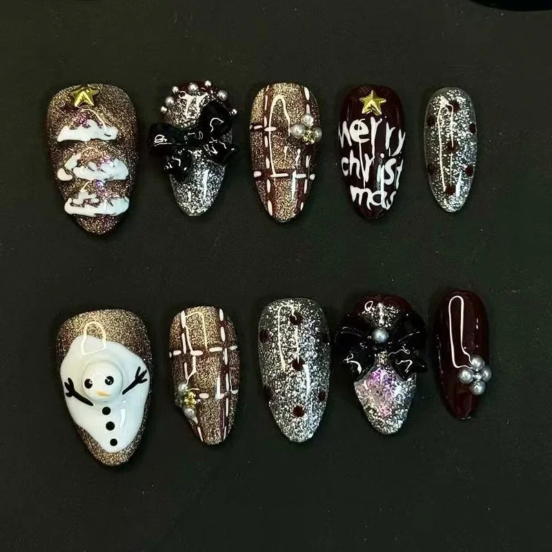 

10 шт., рождественские накладные ногти ручной работы, снеговик, темная рождественская елка, накладные ногти для женщин и девочек, съемные носимые накладные ногти