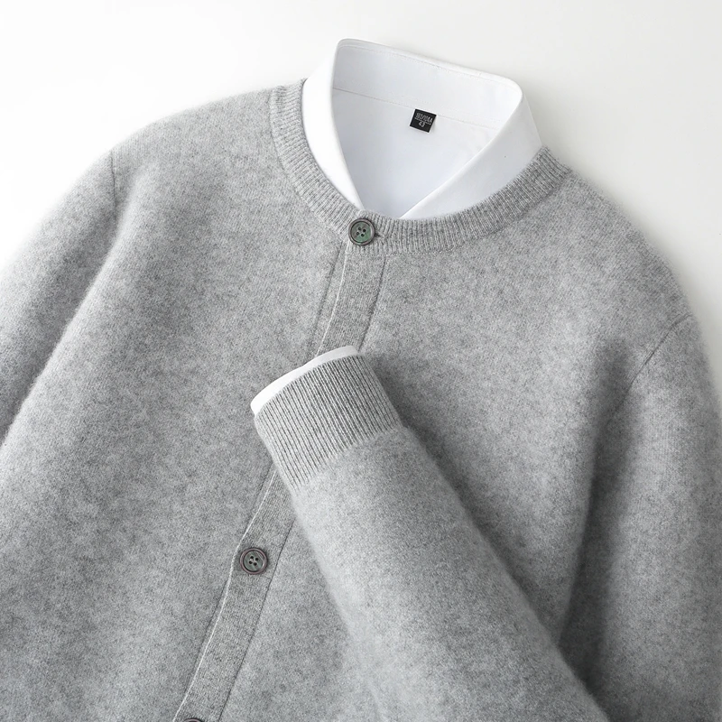 

2025 100% Pure Wool Cardigan Men Thicken Knit Coat Youth Casual Loose Warm Sweater Autumn Winter New Buttons O-Neck Jacket Shirt