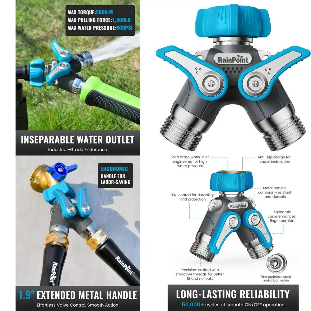 

Dual Outlet Metal Garden Hose Y-Splitter with Shut-Off Valves and 1.9 Long Handle, 3/4 GHT Thread (Blue)