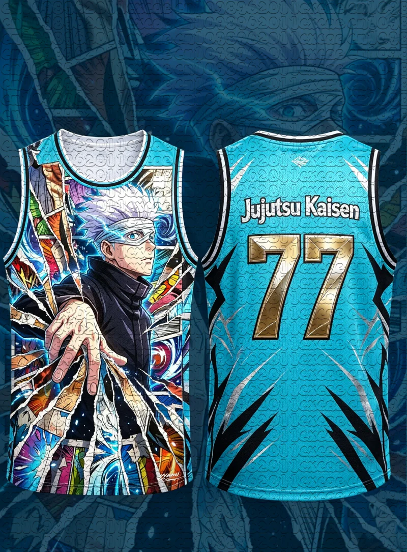 Summer Jujutsu Kaisen Gojo Satoru Shattered Comic Fragment Print Quick Dry Mesh Basketball Jersey Vest Unisex Street Sports Top