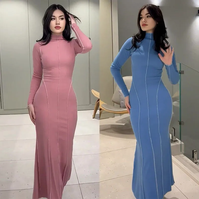 Casual Long Sleeve Slim Bodycon Dress Ladies Casual Elegant Shirt Dresses Bright Line Decoration Long A-Dress Outfits