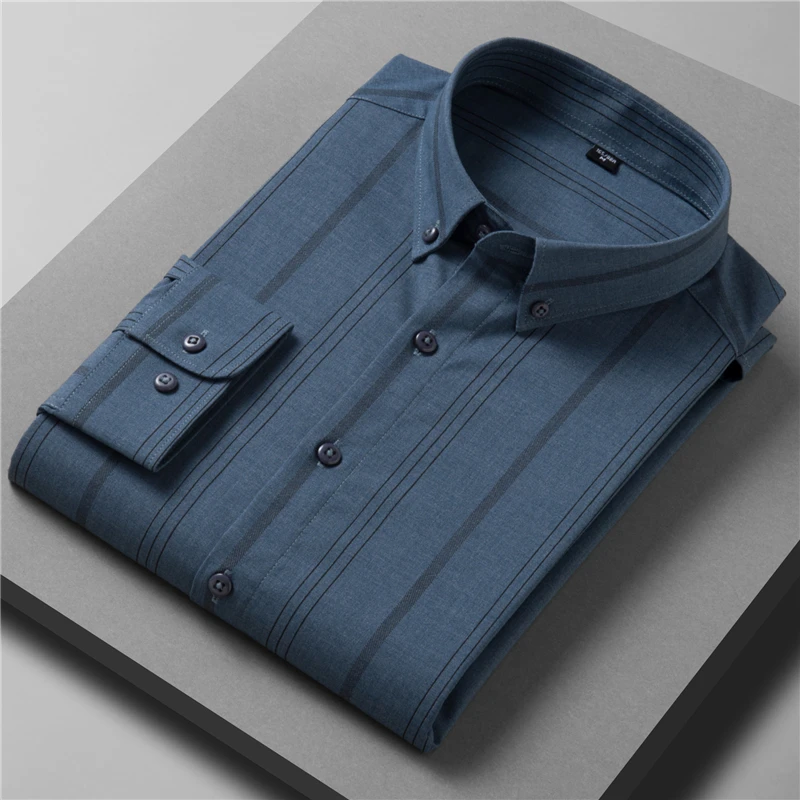 SHAN BAO-Camisa listrada de manga comprida masculina, fibra de bambu, solta, casual, casamento, banquete, luxo, alta qualidade, outono, 2022