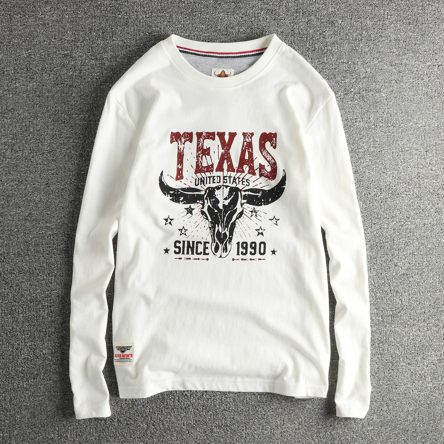 

2026 Spring New American Retro Long-sleeved O-neck Bull Head Printed T-shirt Men's Fashion 100% Cotton Washed Casual Sport Tops