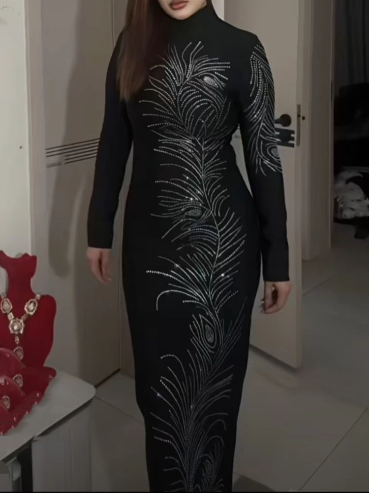 Sexy manga longa diamantes frisado bandage vestido feminino preto o pescoço strass bodycon vestidos de festa à noite vestidos de cocktail