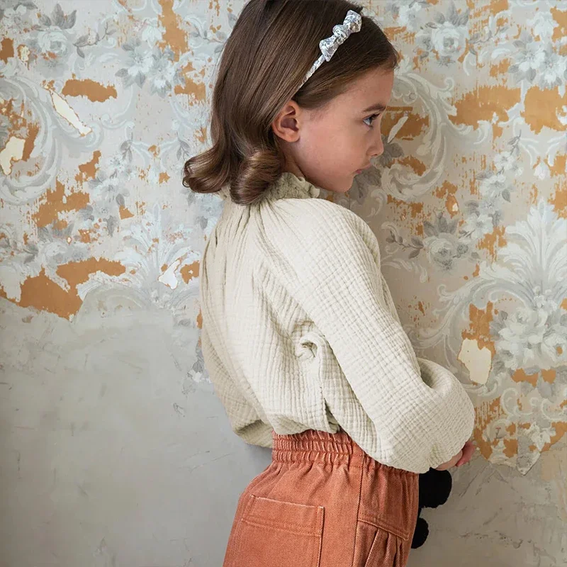 100% Cotton Double Gauze Skin-Friendly Girls' Blouse 2026 Spring New Casual Children's Shirt Pullover Long-Sleeved Shirts