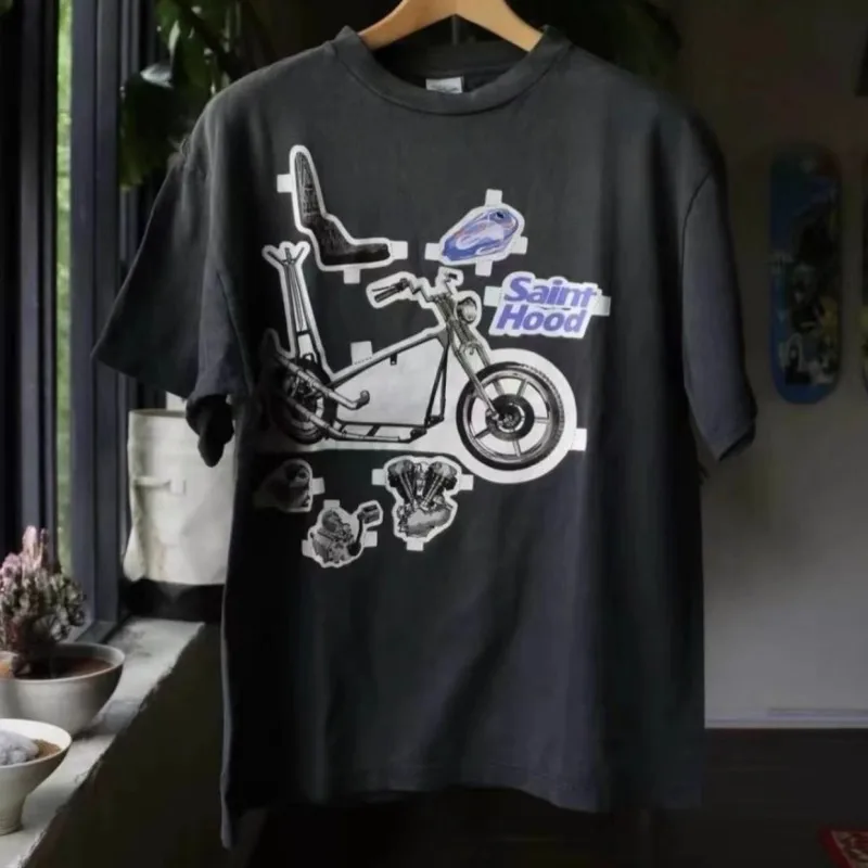 Summer Men Women Tops Vinatge SAINT Tshirts Locomotive Mechanical Parts Label Stickers Black Washed Round Neck Short Sleeve