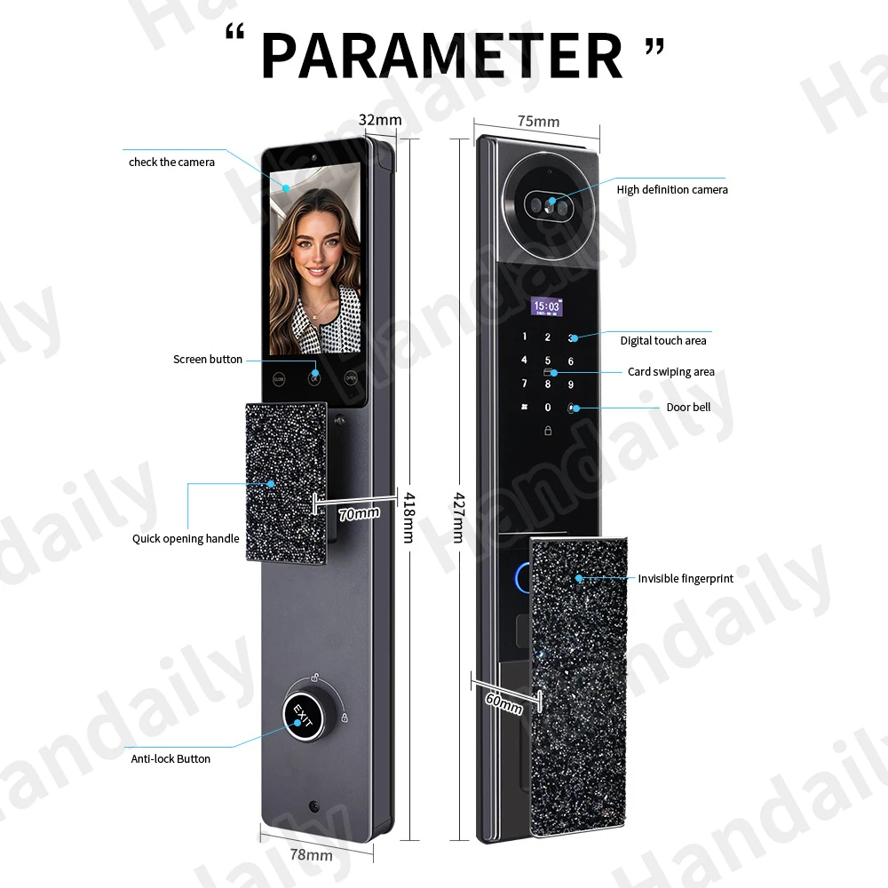 Handaily Multi-Language  Face Recognition Tuya Wifi Door Lock Lock Anti-Peeking Easy to Install Video Intercom Smart Locks