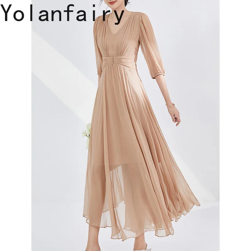 YOLANFAIRY élégant 100% véritable robe en soie de mûrier femme Style français 2025 robes d'été femmes mode plis robe de vacances kez1]