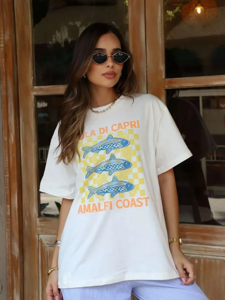 Retro American Summer Ocean Lemon Fish Print Spicy Girl Loose Pure Cotton Short Sleeve T-Shirt Women's Vintage Style round Neck