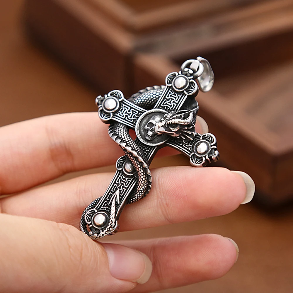 Gothic Vintage Dragon Pendant for Men Boys Punk Stainless Steel Cross Skull Necklace Biker Amulet Fashion Jewelry Gift Wholesale