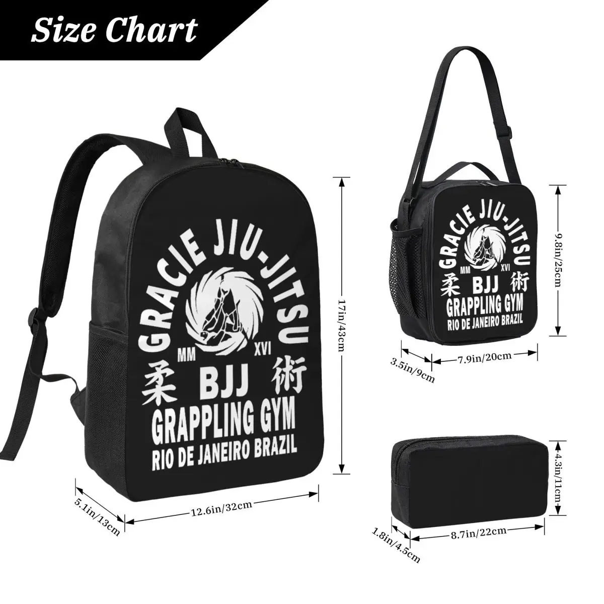 

Gracie Jiu Jitsu Backpack Student Boys Girls BookBag School Bag Computer Shoulder Bags 3ps Insulated Lunch Bag Pencil Case