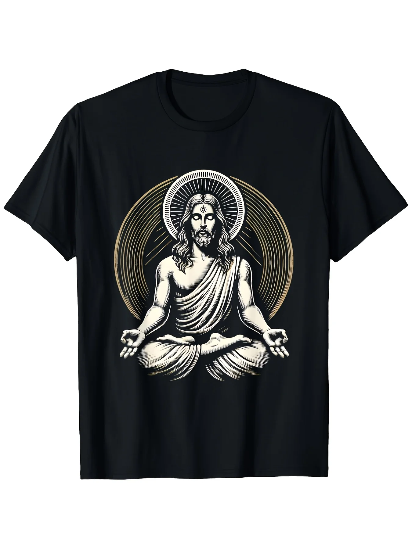 Men's Jesus Meditation Zen Spirit T-shirt, loose fit black T-shirt, white Jesus Christ pose print, Buddhist symbol, suitable for all seasons, unisex, casual wear