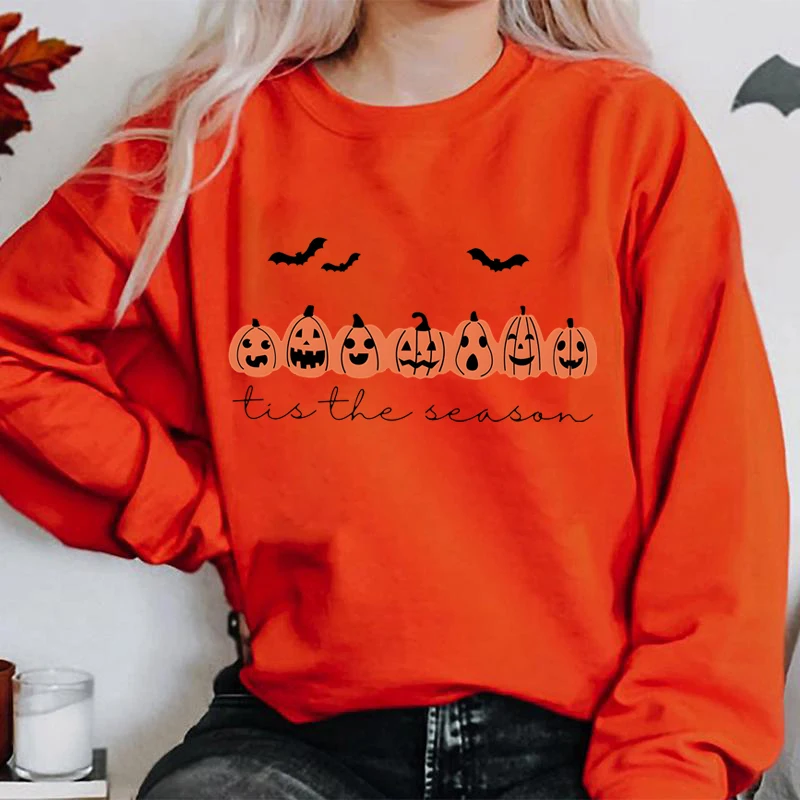 

Happy Halloween Pumpkins Tis The Season Print Sweatshirts For Women Autumn Winter Graphic Pullover Ladies Crew Neck Sweatshirt