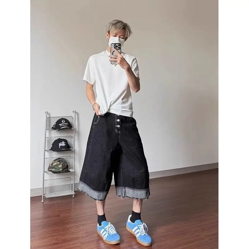 Men's Single-breasted Design Wide Leg Cropped Pants Young Boys Summer Jeans Casual Vintage Bottom Male High Waist Denim Shorts