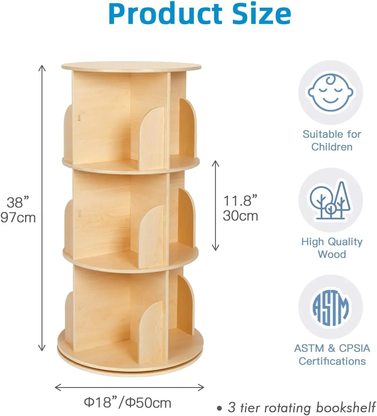 Rotating Bookshelf Tower, Small Corner Bookshelf for Small Space, 360 Display 3 Tier Floor Standing Montessori Bookshelf St