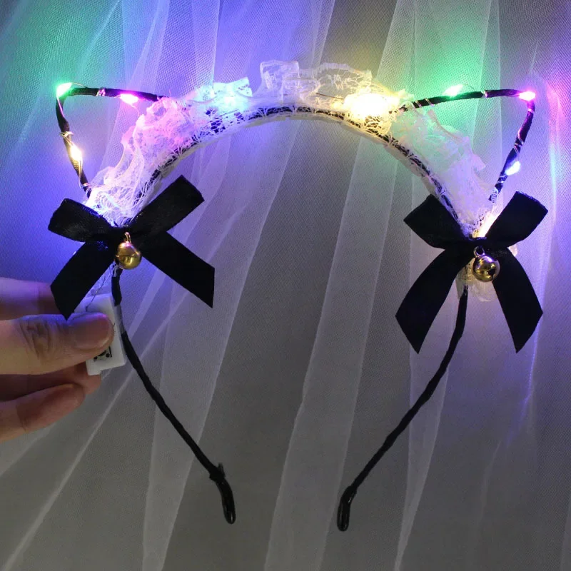 LED Glow Party Light Sexy Lace Cat Bunny Ear Feather Headbands Black White Bow Bell Headpieces Wedding