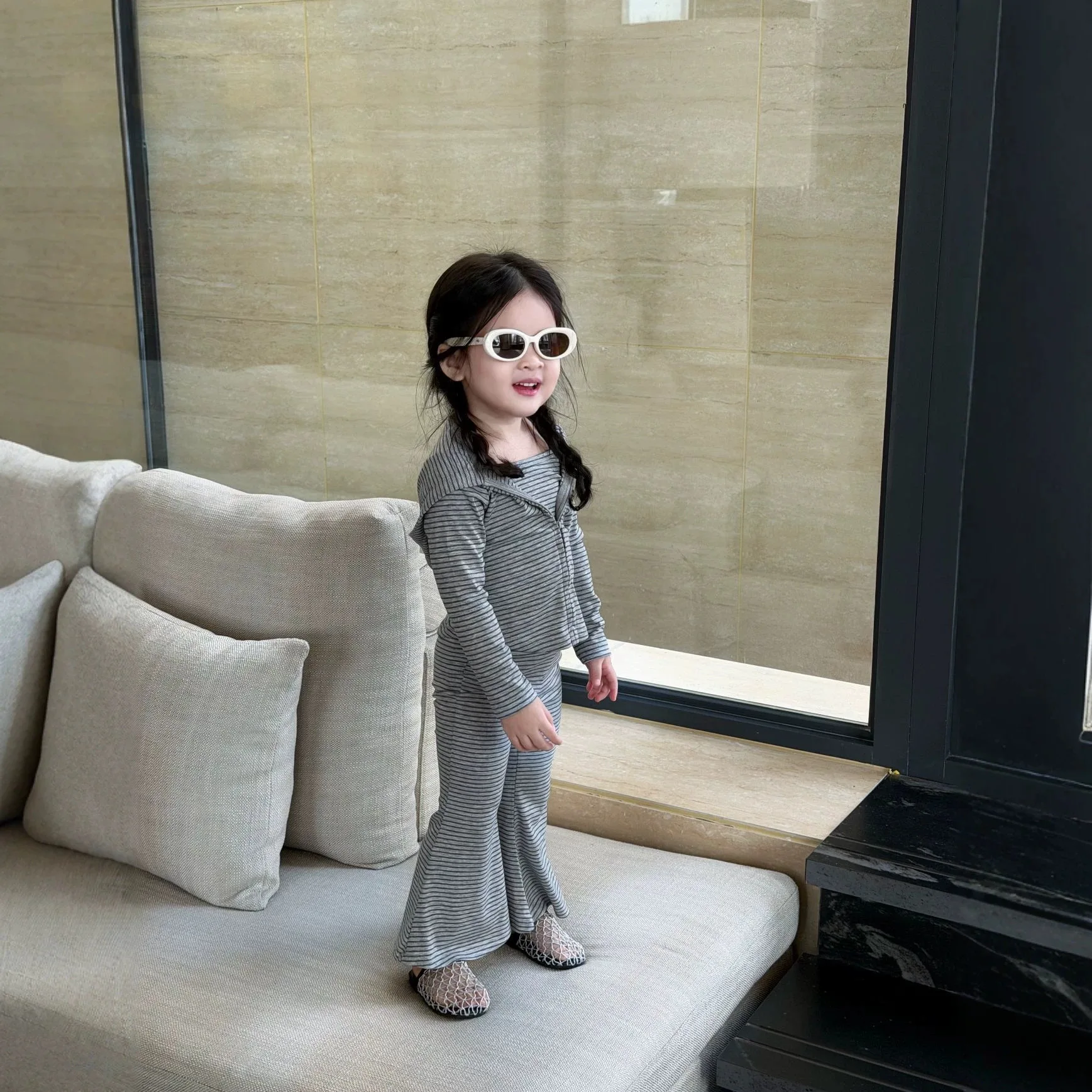 Suit 2026 Autumn New Korean Children Clothing Girls Striped Cardigan Jacket Micro Flared Pants Sports Three Piece Set
