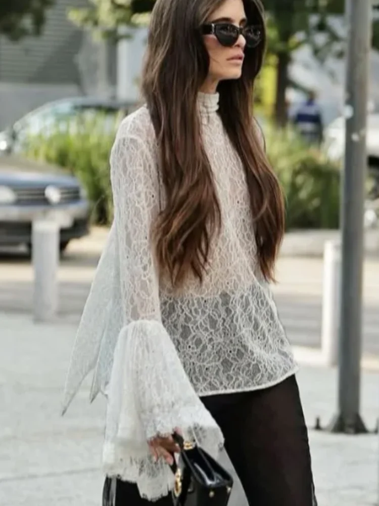 

Elegant Lace See Through Shirt Women Sexy Pile Collar Lotus Sleeves Loose Short Thin Shirts 2026 Spring New Daily Commute Tops