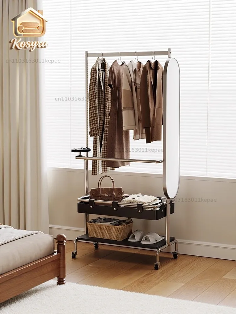 Medieval stainless steel movable full-length mirror, coat rack integrated rotating storage, floor-to-ceiling hanger mirror
