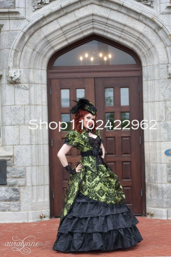 Olive Opulence Steampunk Vestidos De Noiva, Fada Puffy Shoulder Hoop Saias, Gothic Victorian Ruched Vestido De Noiva, Plus Size