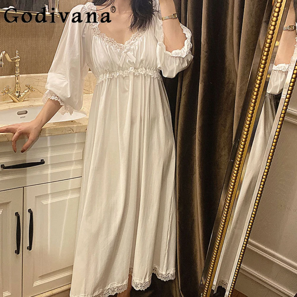 

Princess Style Nightdress Female Sweet Retro Court Sexy Lace Pajamas Casual Homewear Sleepwear