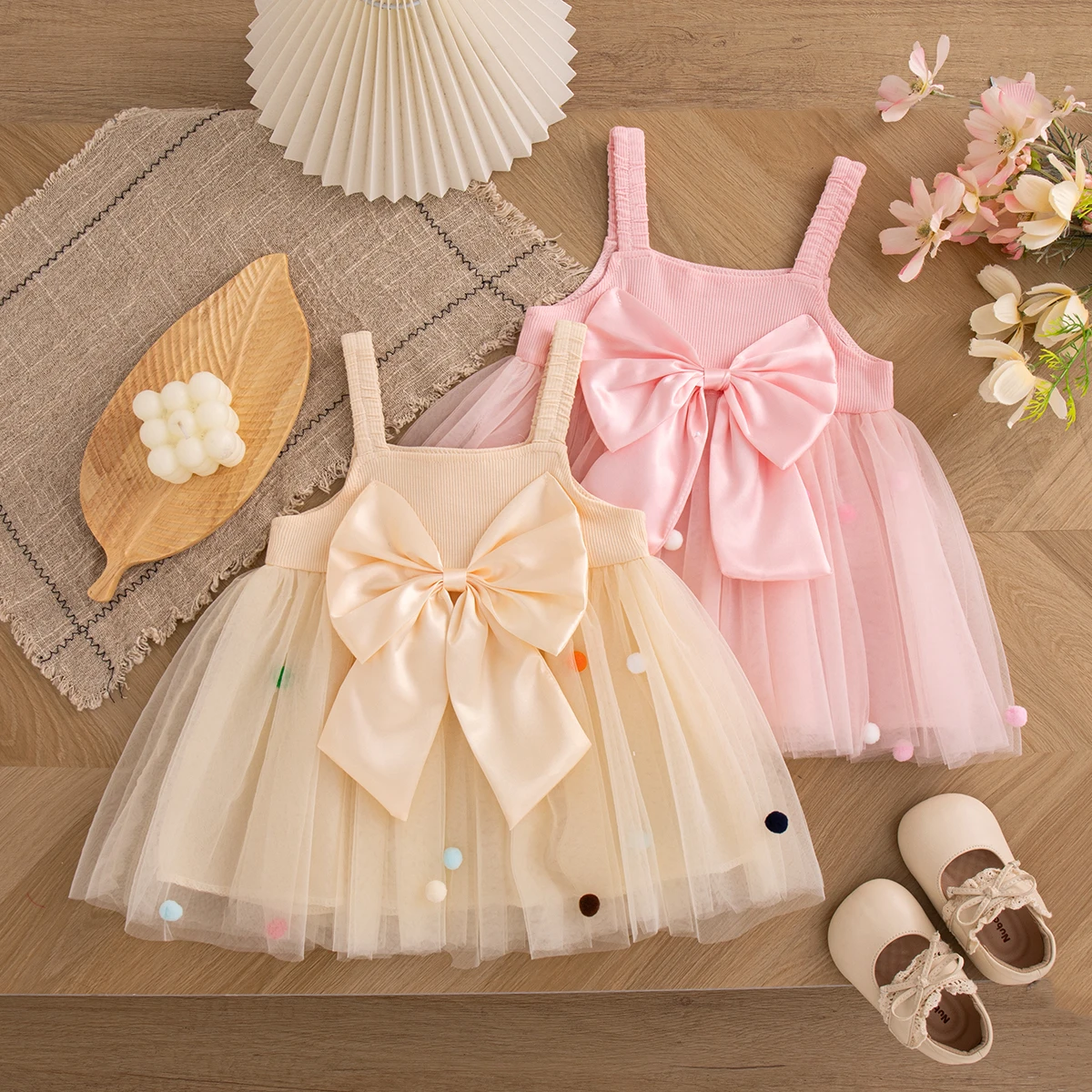 

Girls Dresses Summer Cotton Bow Mesh Suspender Baby Girl Dress Cartoon Beach Princess Dress Baby Clothing