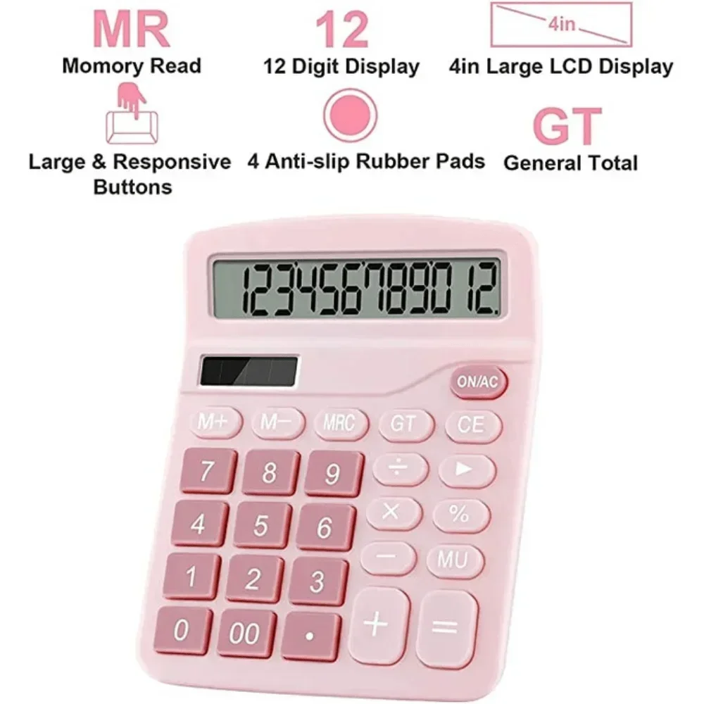 Office Calculators Desktop Student Solar Panel Calculator, 12-Digit Dual Power Cute Calculator with Large LCD Display Big Button