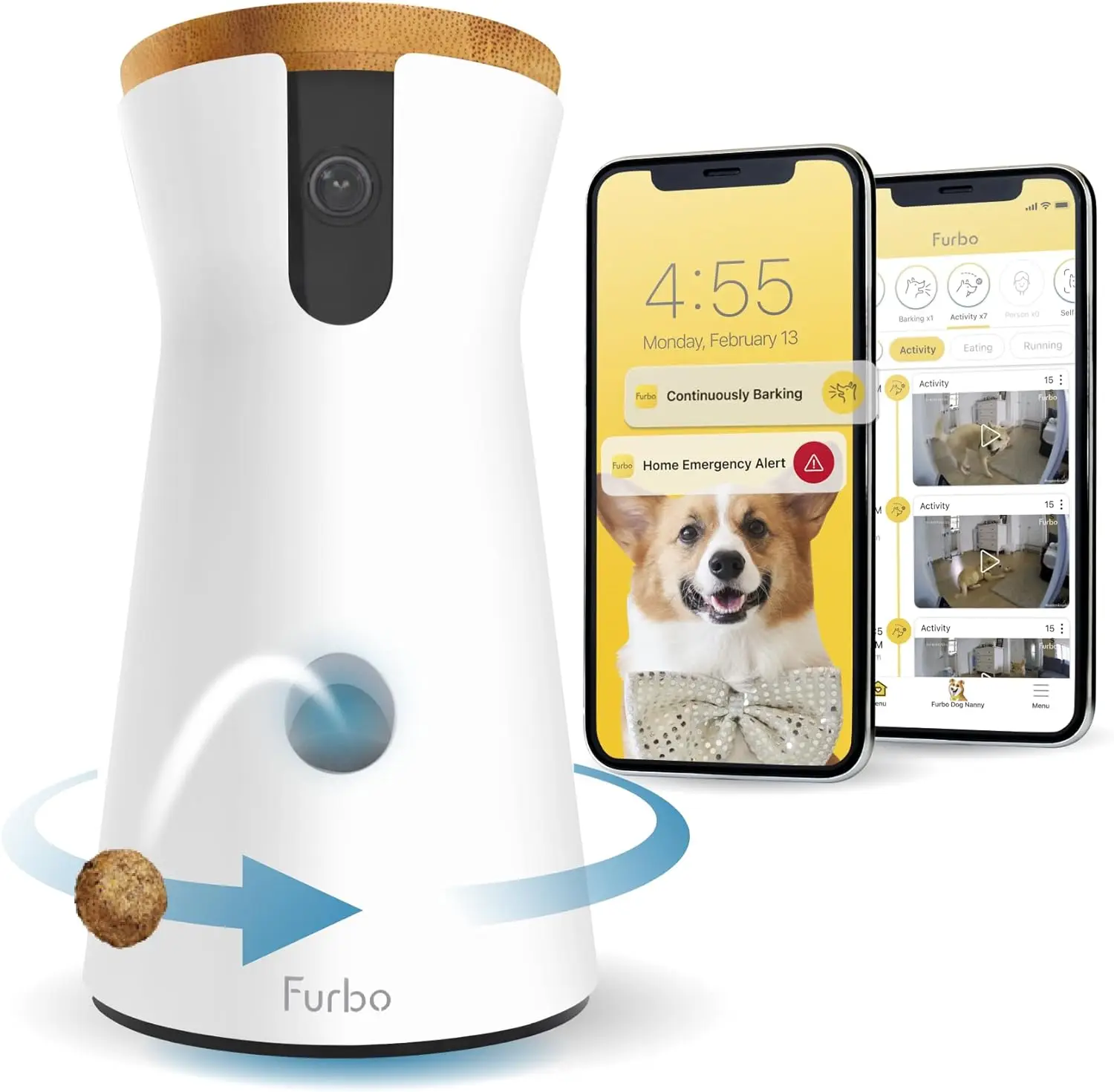 

360° Dog Camera + Dog Nanny w/Smart Alerts (Paid App Subscription Required): Treat Toss, Night Vision, 2-Way Audio, Bark Alert