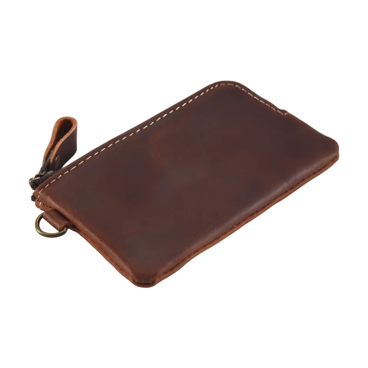FZFZ Genuine Leather Men Key Wallet,Zipper Housekeeper Pouch Holder,Keychain Crazy Horse Coin Purse