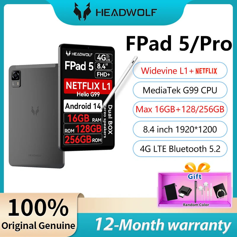 Headwolf Fpad5/Pro F5 8.4-inch FHD tablet Android 14 Netflix L1 Helio G99 Maximum 16GB RAM+128/256GB ROM Dual SIM LTE 5500mAh