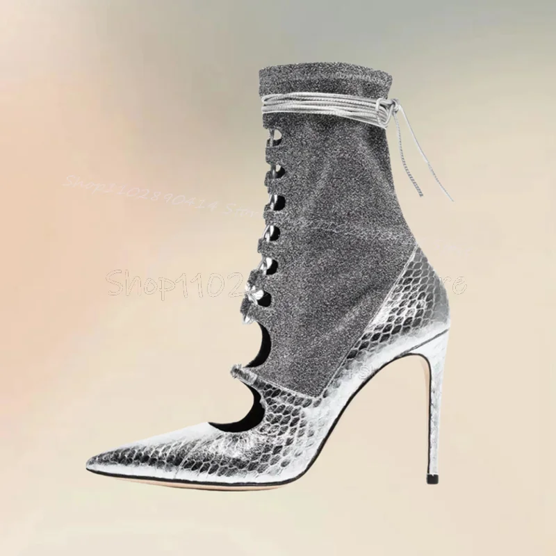 Silver Fish Scale Print Glitter Pointed Toe Boots Side Zipper Women Shoes Thin High Heels Fashion Party 2024 Zapatos Para Mujere