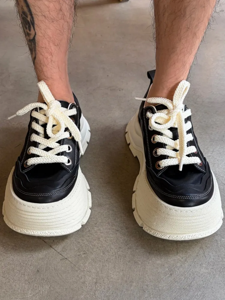 New Designer Men Thick Platform Casual Shoes Low Cut Lace Up Cowhide Genuine Leather Shoes Joggers Sneakers Hip Hop Man Footwear
