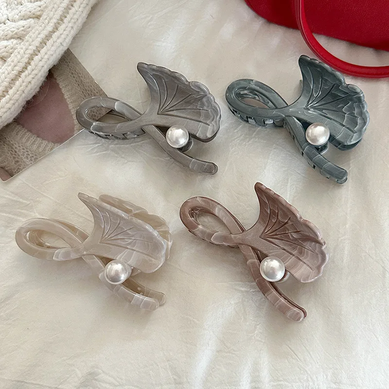 

Pearl Ginkgo Leaf Shark Hair Claw Clip Medium Size Korean Chic Elegant Updo Holder for Women Back Head Beige