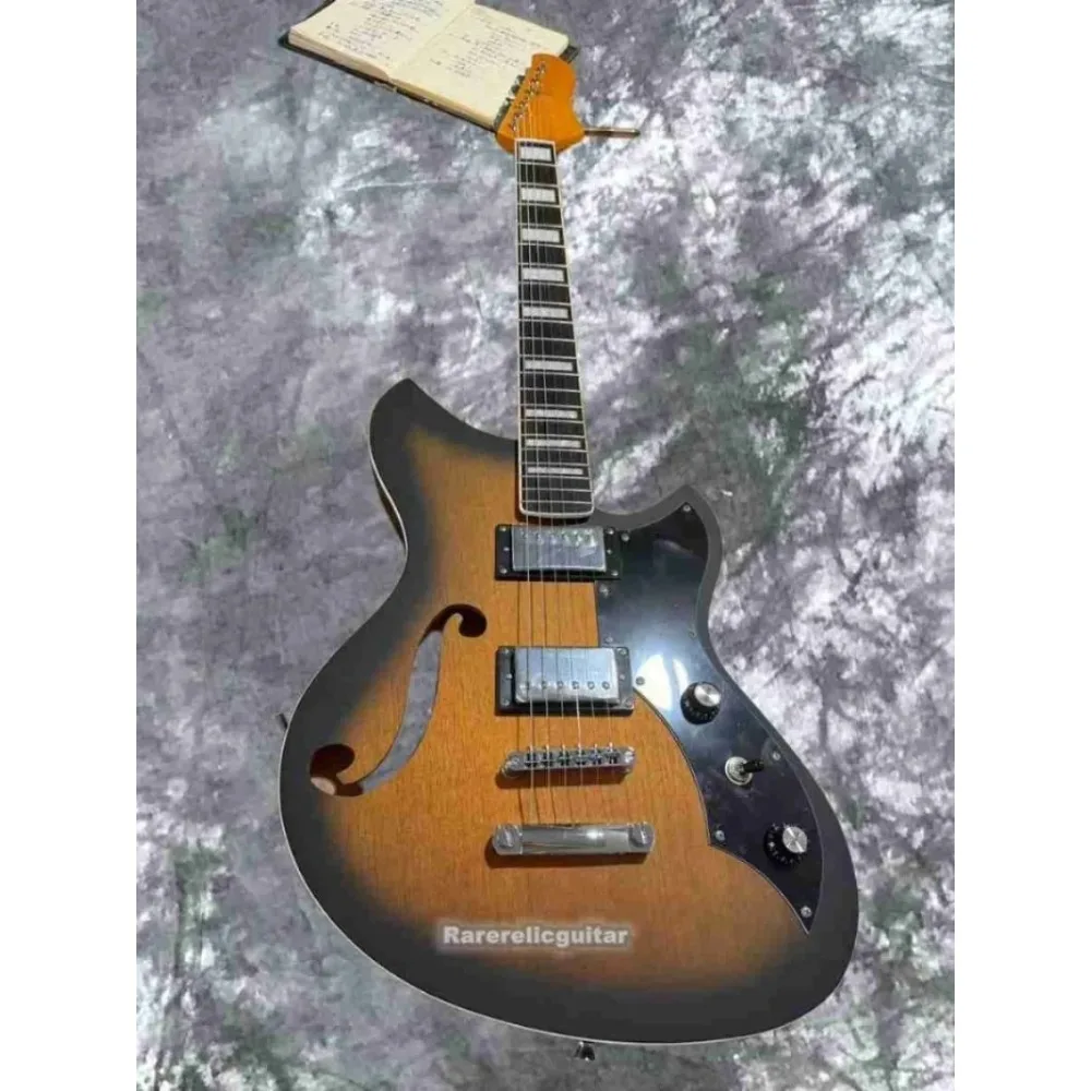 Single F hole matte Vintage Sunburst electric semi hollow guitar Novo black pickguard block inlays herringbone binding black HH