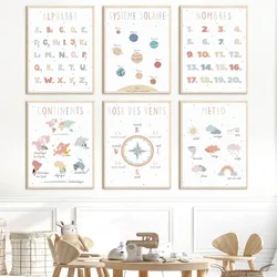 French Education Poster Alphabet Number Weather Solar System Canvas Painting Nordic Wall Art Pictures for Kids Room Decoration