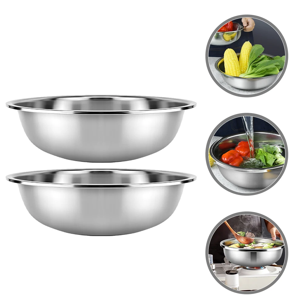 

2pcs Stainless Steel Basin Large Metal Mixing Bowl Thick Vegetable Rice Washing Basin For Kitchen Storage Salad Mixing Household