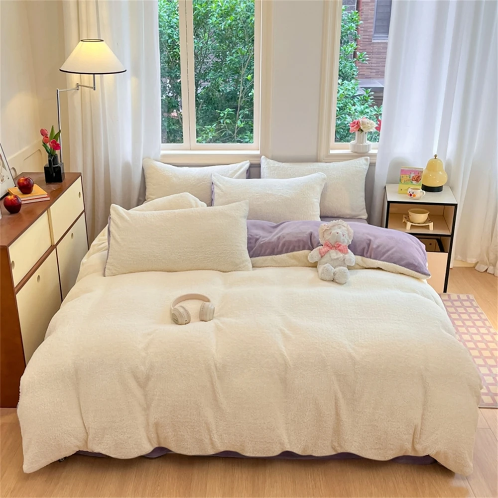 Solid Color Bedding Set Winter Thickened Warm Duvet Cover Pillowcase Four Piece Set Flannel Coral Fleece Bed Sheet Quilt Cover